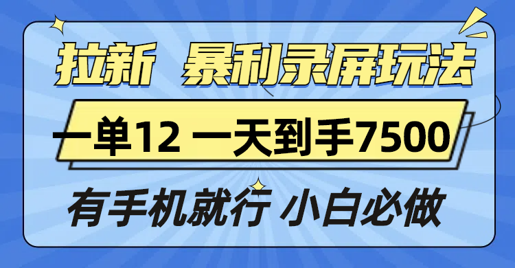 拉新暴利录屏玩法，一单12块，一天到手7500，有手机就行-优优云网创