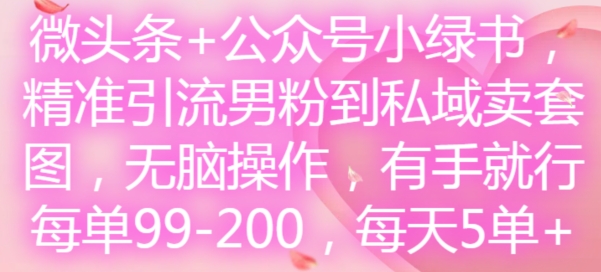 微头条+公众号小绿书，精准引流男粉到私域卖套图，无脑操作，有手就行，每单99-200，每天5单-优优云网创