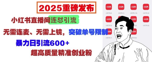2025重磅发布：小红书直播间连怼引流，无需连麦、无需上镜，突破单号限制，暴力日引流600+-优优云网创