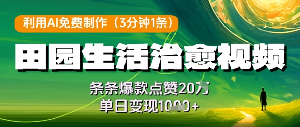 利用AI免费制作田园生活治愈视频，条条爆款点赞20W，单日变现几张-优优云网创
