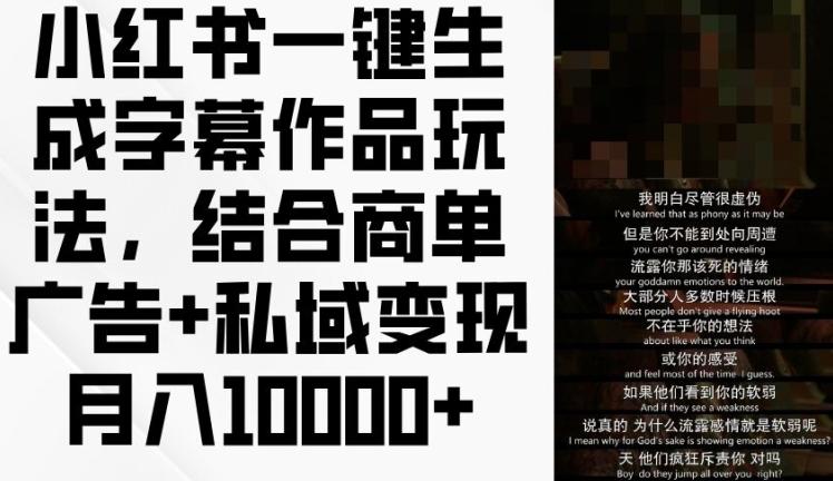 小红书一键生成字幕作品玩法，结合商单广告+私域变现月入1w+【揭秘】-优优云网创