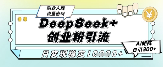 DeepSeek+创业粉精准引流，全新分享课4.0玩法，AI矩阵日引300+，多种变现方式，稳定月入1W-优优云网创