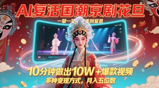 AI复活国潮京剧花旦，一颦一笑美到窒息，10分钟做出10W+爆款视频，多种变现方式，月入五位数-优优云网创