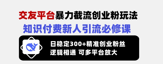 交友平台暴力截流创业粉玩法，知识付费新人引流必修课，日稳定300+精准创业粉丝，逻辑相通可多平台放大-优优云网创