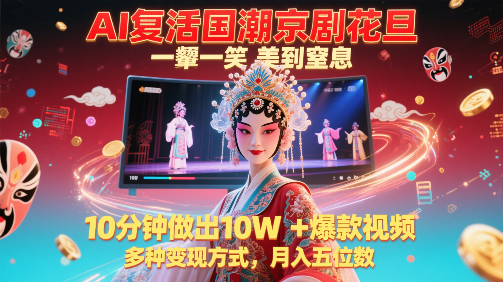 AI复活国潮京剧花旦，一颦一笑美到窒息，10分钟做出10W+爆款视频，多种变现方式，…-优优云网创