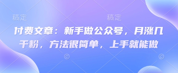 付费文章：新手做公众号，月涨几干粉，方法很简单，上手就能做-优优云网创