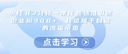 小红书3分钟一条作品精准引流创业粉300+，打造属于自己的流量帝国-优优云网创