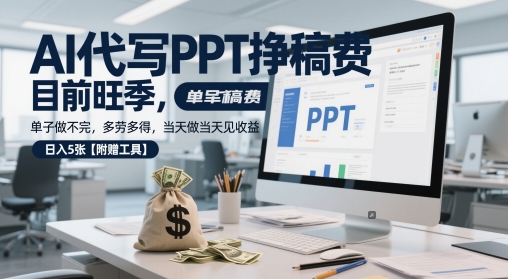 AI代写PPT挣稿费，目前旺季，单子做不完，多劳多得，当天做当天见收益，日入5张【附赠工具】-优优云网创