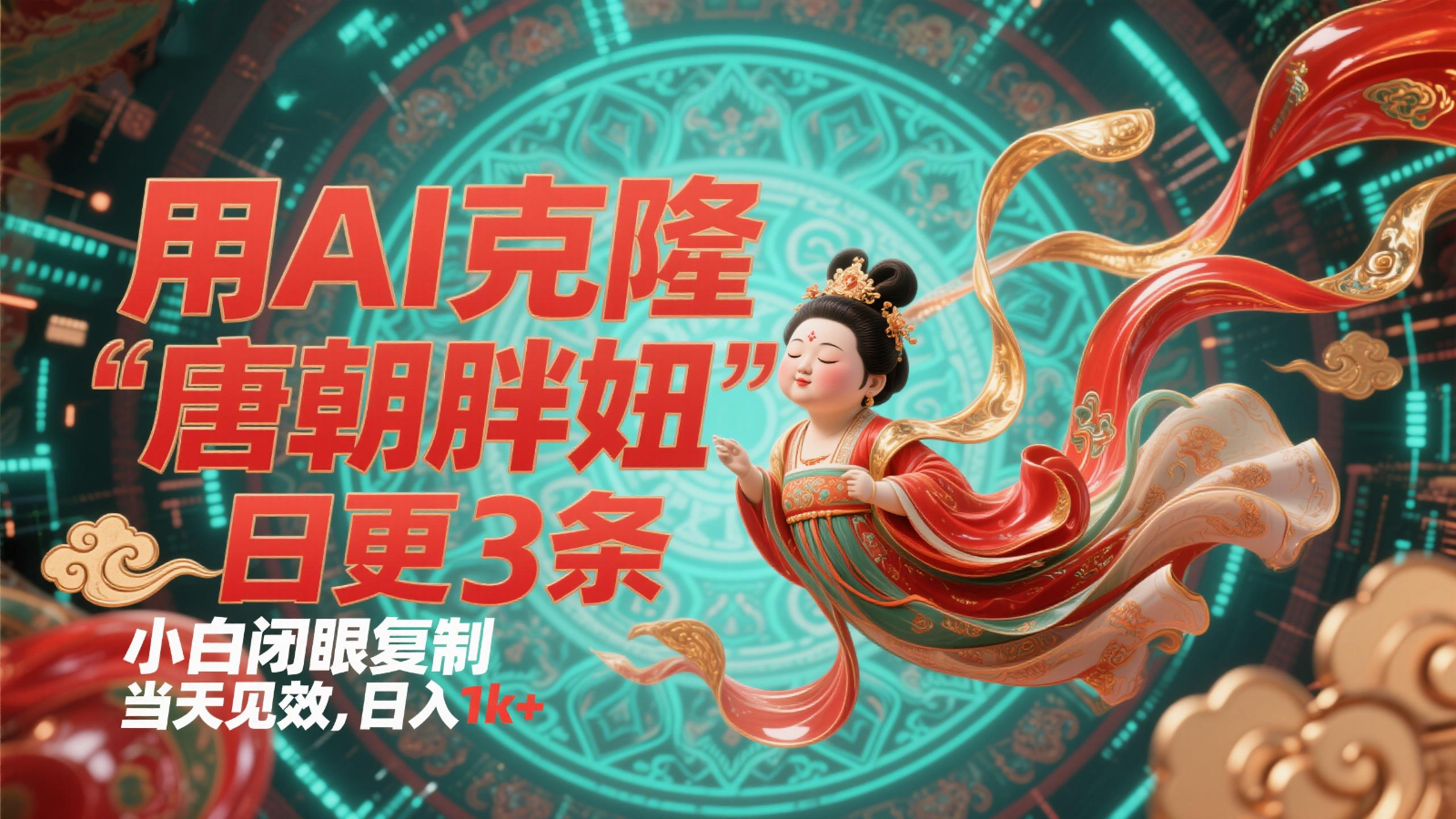 用AI克隆“唐朝胖妞”日更3条，平台疯狂推流，小白闭眼复制，当天见效，日入1k+-优优云网创