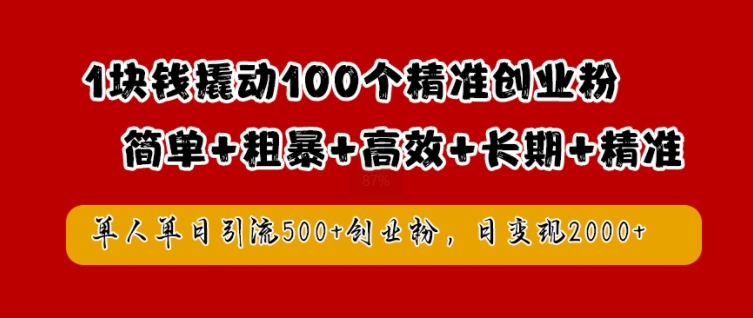 1块钱撬动100个精准创业粉，简单粗暴高效长期精准，单人单日引流500+创业粉，日变现2k【揭秘】-优优云网创