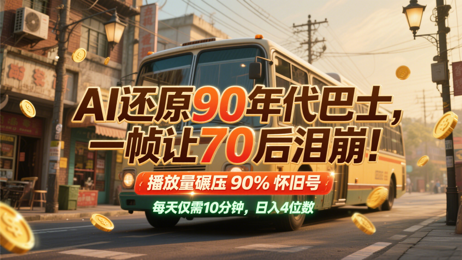 AI还原90年代巴士，一帧让70后泪崩！播放量碾压90%怀旧号，每天10分钟，日入4位数-优优云网创