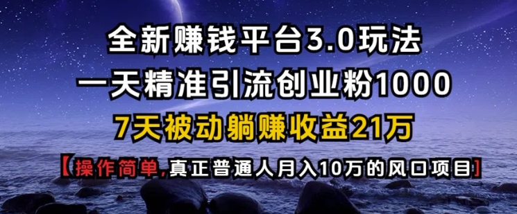 全新赚钱平台3.0玩法一天精准引流创业粉1000.7天被动躺Z收益21W【仅揭秘】-优优云网创