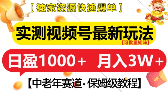 实测视频号最新玩法，中老年赛道，独家资源，月入过W+【揭秘】-优优云网创