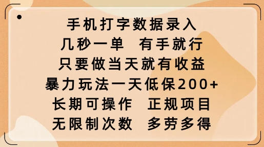 手机打字数据录入，几秒一单，有手就行，只要做当天就有收益，暴力玩法一天低保2张-优优云网创