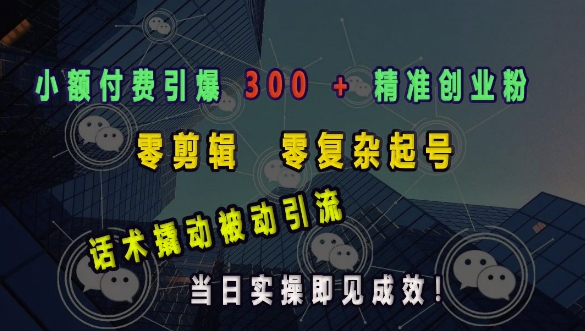 小额付费引爆 300 + 精准创业粉，零剪辑、零复杂起号，话术撬动被动引流，当日实操即见成效-优优云网创