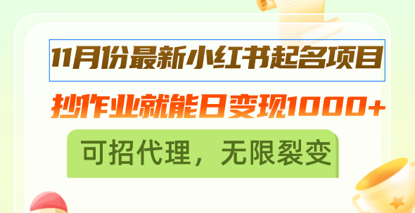 11月份最新小红书起名项目，抄作业就能日变现1000+，可招代理，无限裂变-优优云网创