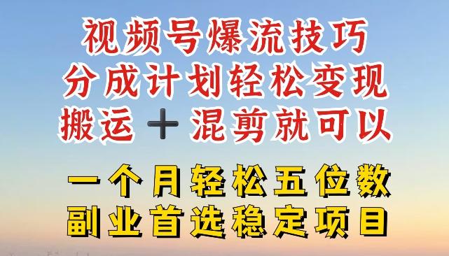 视频号爆流技巧，分成计划轻松变现，搬运 +混剪就可以，一个月轻松五位数稳定项目【揭秘】-优优云网创
